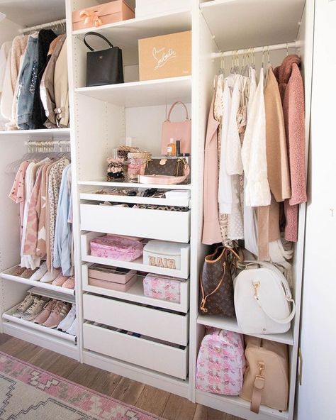 Money Can Buy Lipstick on Instagram: “Finally took some updated pictures of the closet 💖 Love mixing things up from time to time! And I’m really loving the look of this pink…” Organization Room, Organization Goals, Ikea Pax Closet, Dressing Room Closet, Ikea Pax Wardrobe, Dream Closet Design, Wardrobe Goals, Wardrobe Room, Closet Decor