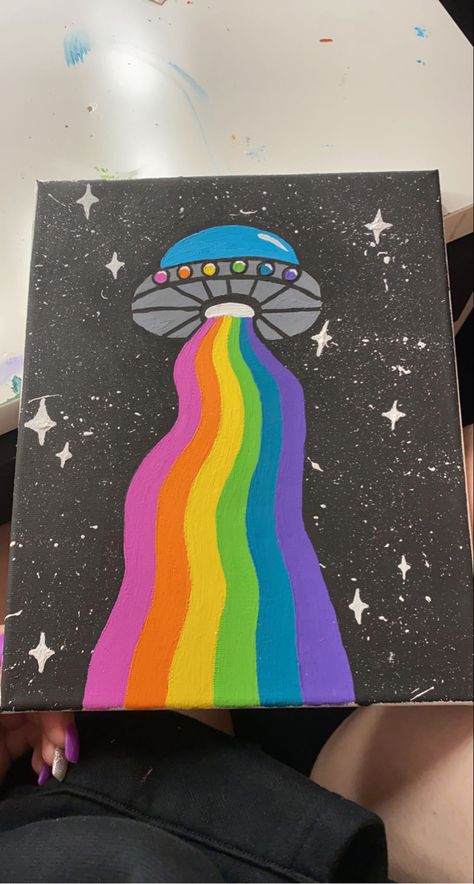 Pride Painting Ideas On Canvas, Easy Asthetic Paintings, Pop Art Painting Ideas Simple, Neon Painting Ideas Easy, Ufo Painting, Cafe Logos, Uv Painting, Art Markers Drawing, Diy Canvas Art Easy