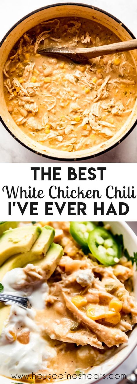 White chicken chili is a great comforting bean soup packed with flavor, chicken, beans, and veggies. With a thick and delicious chili with just the right amount of kick and your favorite toppings, you know you’re in for a soul-satisfying good meal! #best #whitechickenchili #chili #chicken #homemade #soup #creamy #healthy #homemade #dinner Zero Points Chicken Chili, White Chicken Chili With Jalapeno, Soup Recipes White Chicken Chili, White Chicken Chili Paula Deen, Chili Recipe Crockpot Chicken, White Meat Recipes, Food For Game Night, White Chicken Chili Stove Top, Mccormick White Chicken Chili