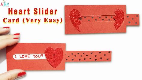 Heart slide card Slide Paper Craft, Sliding Paper Craft, Sliding Card Diy, Slide Card Diy, Cards Making Ideas, Couples Art Project, Sliding Card, Pop Up Flower Cards, Couples Art