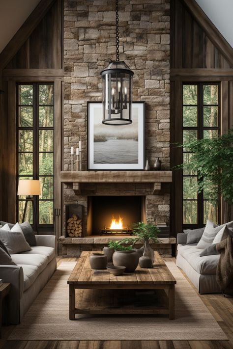 30 Stunning Stone Fireplace Ideas for Your Home Stone Fireplace Ideas, Rustic Fireplace Mantle, Fireplace Styles, Rustic Stone Fireplace, Country Kitchen Ideas, Cottage Fireplace, Stacked Stone Fireplaces, Rustic Fireplace Mantels, Cabin Fireplace