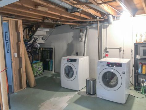 Our Laundry Room Was SO BAD! — Grand Rapids Interior Design | Fuchsia Design Unfinished Laundry Room, Basement Laundry Area, Unfinished Basement Laundry, Basement Laundry Room Makeover, Bar Decor Ideas, Basement Bar Decor, Remodeling Basement, Laundry Room Organization Ideas, Garage Laundry Rooms