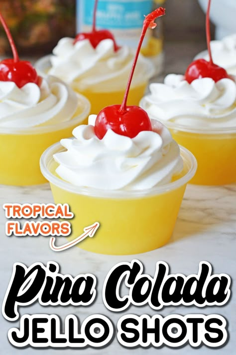 This Pina Colada Jello Shots Recipe is super easy to make and perfect for any occasion! Made with the tropical flavors of pineapple juice, Malibu Rum and cream of coconut, these unique shots make the perfect party drink! Pina Colada Jello Shots Recipe, Malibu Jello Shots, Coconut Jello, Pina Colada Jello Shots, Rum Jello Shots, Easy Jello Shots, Unique Shots, Cocktails Made With Rum, Jello Shots Recipe