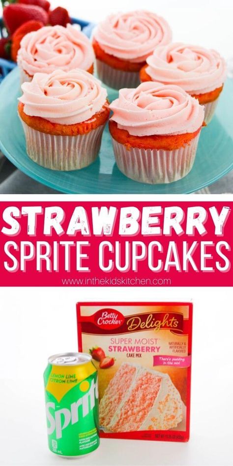 It doesn't get any easier than these 2 ingredient strawberry soda cupcakes, made with a box of strawberry cake mix and a can of Sprite! Strawberry Cake With Sprite, 2 Ingredient Soda Cake, Cream Soda Cupcakes, Strawberry Sprite Cake, Cake Mix Soda Recipes, Easy Strawberry Cupcakes Cake Mixes, Cupcake Recipes Cake Mix Simple, Sprite Cake 3 Ingredients, Strawberry Box Cake Mix Recipes