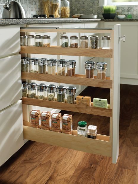 Base Pull-Out Spice Rack Spice Rack Diy, Menards Cabinets, Pull Out Spice Rack, Diy Spice Rack, Clever Kitchen Storage, Kitchen Spice Racks, Spice Drawer, Attic Renovation, Diy Kitchen Storage