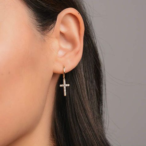 $38 Etsy Cross hoop earrings - Cross-shaped earrings - Zircon cross earrings - Gold hoop earrings - Silver ho Earrings Cross, Cross Shape, Personalized Cross, Ear Ring, Packaging Gift, Classic Earrings, Tiny Studs, Ring Simple, Anniversary Jewelry