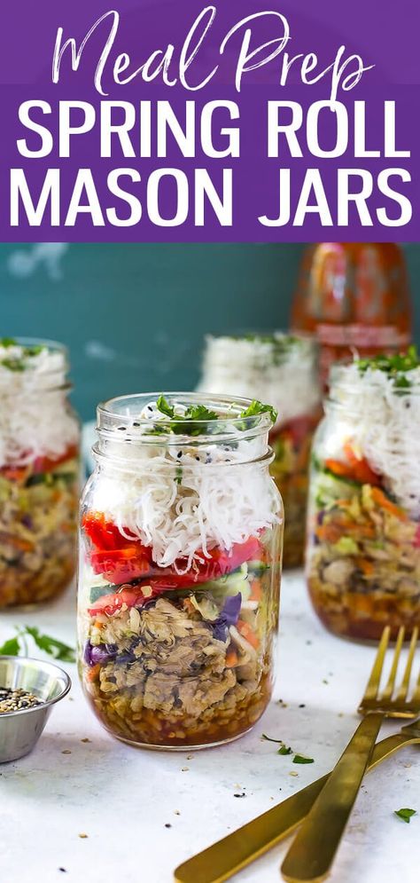 Grab And Go Lunch, Chicken Spring Roll, Quick Easy Chicken, Jar Meals, Chicken Spring Rolls, Chicken Veggies, Mason Jar Salad, Mason Jar Meals, Healthy Bowls