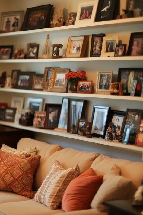 21 Photo Wall Arrangement Ideas To Display Family Pictures - Hallway Picture Display, Wall Arrangement Ideas, Photo Arrangements On Wall, Photo Wall Design, Family Heirloom Display, Photo Wall Ideas, Family Photo Gallery Wall, Hallway Pictures, Family Pictures On Wall