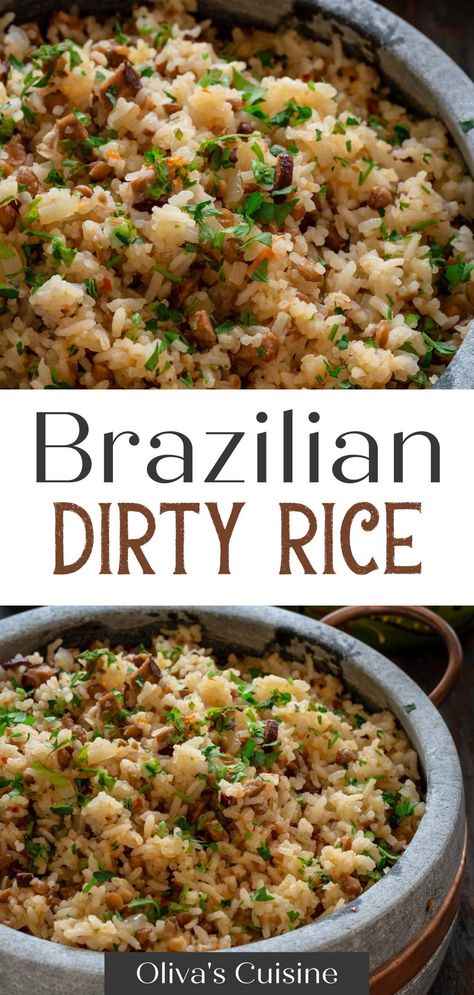 Easy Dirty Rice Recipe, Bacon Shrimp, Rice Dishes Recipes, Dirty Rice Recipe, Brazilian Recipes, Rice Side Dish Recipes, Chorizo Recipes, Easy Rice, Dirty Rice