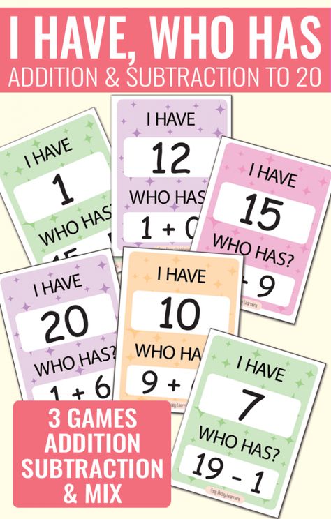 I Have Who Has Addition and Subtraction to 20 - 3 Different Games (Addition to 20, Subtraction to 20 and Addition & Subtraction to 20) Addition And Subtraction Games 2nd, Adding Kindergarten, Addition And Subtraction To 20, Subtraction To 20, Addition And Subtraction Within 20, Addition To 20, Teaching Addition, Subtraction Games, Math Subtraction