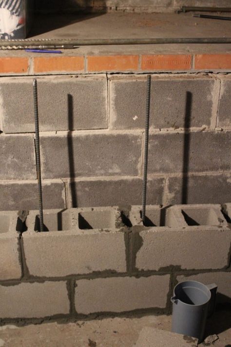 Foundation repair via Life on Shady Lane blog Small Storage Room, Cinder Block Foundation, Fixer Upper Houses, Concrete Block Foundation, Basement Repair, Block Foundation, Diy Foundation, Home Improvement Grants, Concrete Block Walls