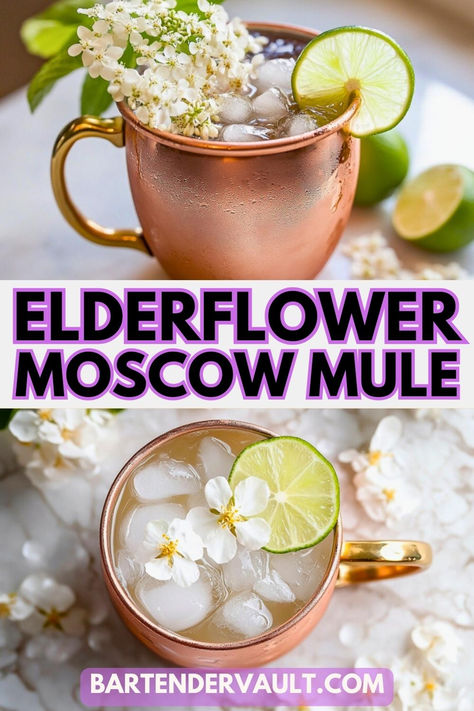 Two photos of a cocktail called the Elderflower Mule from different angles. Moscow Mule Recipes, Classic Vodka Cocktails, Moscow Mule Recipe, Mule Cocktail, Mule Recipe, Yummy Alcoholic Drinks, Copper Mugs, Relaxing Evening, Cocktail Menu