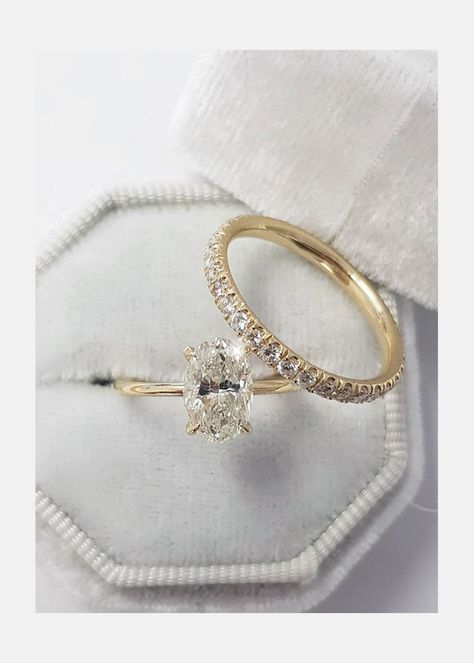 Engagement Rings Two Piece, Yellow Gold Oval Bridal Set, Yellow Gold Wedding Band Set, White Gold And Yellow Gold Wedding Set, Yellow Gold Wedding Rings Sets, Oval Engagement Ring With Wedding Band Gold, Yellow Gold Engagement Ring Round, Yellow Gold Oval Engagement Ring, Bridal Sets Rings