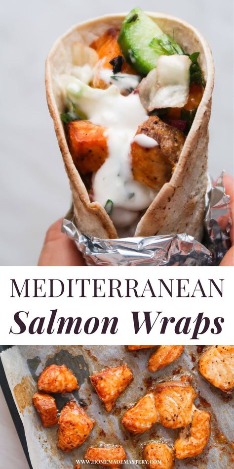 Mediterranean salmon wraps is 30-minute delicious healthy dinner idea made with salmon, tzatziki and vegetables! So easy and quick, this salmon recipe makes 4 servings and is great for meal prep too! Salmon Wrap Recipes, Fish Meal Prep Ideas, Salmon Tzatziki, Fish Meal Prep, Salmon Wraps, Greek Salmon, Liver Healthy Foods, Salmon Meal Prep, Salmon Wrap