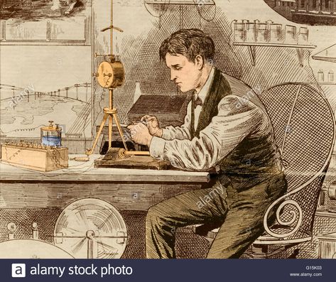 Download this stock image: Thomas Edison operating a telegraph machine. Thomas Alva Edison (1847-1931) was an American inventor and businessman. He developed many devices that greatly influenced life around the world, including the phonograph, the motion picture camera, and a long- - G15K03 from Alamy's library of millions of high resolution stock photos, illustrations and vectors. Thomas Edison Inventions, Telegraph Machine, Edison Inventions, Thomas Alva Edison, Famous Inventors, Alva Edison, History Images, Thomas Edison, New Inventions