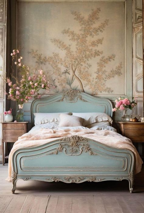 Powder Blue Master Bed, Modern Rococo Aesthetic Interior, French Eclectic Home Decor, Modern French Interior Design Bedroom, Eclectic Blue Bedroom, Rococo Interior Design Modern, French Rococo Interior Design, Modern Eclectic Decor Bedroom, Rococo Home Decor