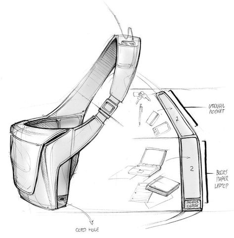 Drawing Bag, Industrial Design Sketch, Sketch Inspiration, Cool Ideas, 영감을 주는 캐릭터, Industrial Chic, Technical Drawing, Design Living, Design Reference