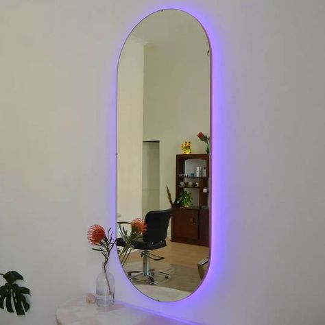 @plank.interiors on Instagram: "RGB LED backlit mirrors. So many colours to choose from! Swipe to see the colour change 🌌 @kitsune_hair" Led Mirror Bedroom, 2023 Bedroom, Esthetics Room, Colored Led Lights, Backlit Mirror, College Apartment Decor, Mirror With Led Lights, Preppy Room, College Apartment