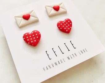 Polymer Clay Valentines Day, Clay Earrings Studs, Card Earring, Polymer Clay Magnet, Valentines Day Earrings, Fimo Earrings, Polymer Clay Heart, Clay Studs, Polymer Clay Stud Earrings