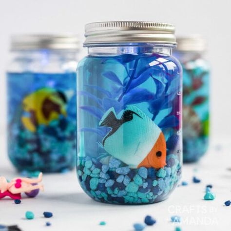 Mason Jar Aquarium Craft - Crafts by Amanda - Beach Crafts for Kids Ocean Theme Activities Elementary, Marine Life Decoration Ideas, Breaker Rock Beach Vbs 2024 Preschool Crafts, Beach Theme Vbs Crafts, Scuba Vbs Crafts For Kids, Vbs Beach Crafts, Scuba Vbs 2024 Crafts For Kids, Aquarium Activities For Kids, Scuba Vbs Crafts