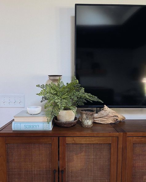 How often do you dust your tv console? Because I’m slightly embarrassed to tell you that I can’t remember the last time I did before… | Instagram Under Tv Console Decor, How To Style Tv Console, Tv Console Diy, Tv Console Decor, Console Diy, 65 Inch Tv, Under Tv, Instagram Decor, Console Styling