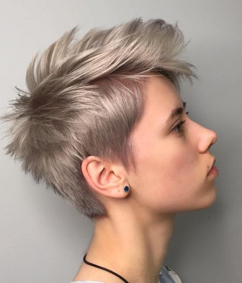 Spiky Ash Blonde Fauxhawk Pixie Cut Hairstyles, Cute Pixie Haircuts, Pixie Haircuts For Women, Short Blonde Pixie, Fine Thick Hair, Curly Pixie Hairstyles, Pixie Cut With Bangs, Cut Hairstyles, Short Grey Hair