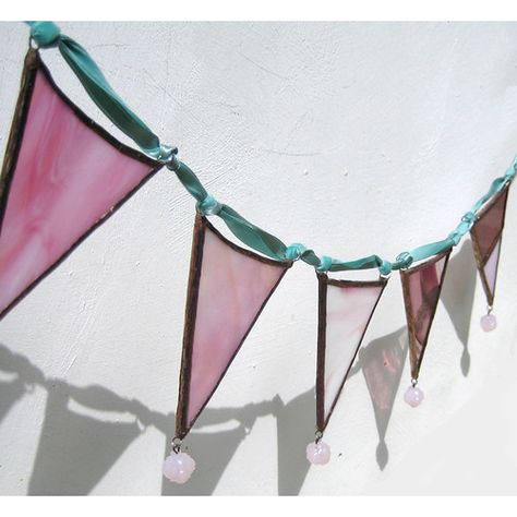 French Fancy - Glass Bunting or Garland | I was watching Sof… | Flickr Stained Glass Bunting, Stained Glass Garland, Pink Stained Glass, Rose Beads, Pale Pink Roses, Copper Patina, Velvet Ribbon, Pink Glass, Antique Copper