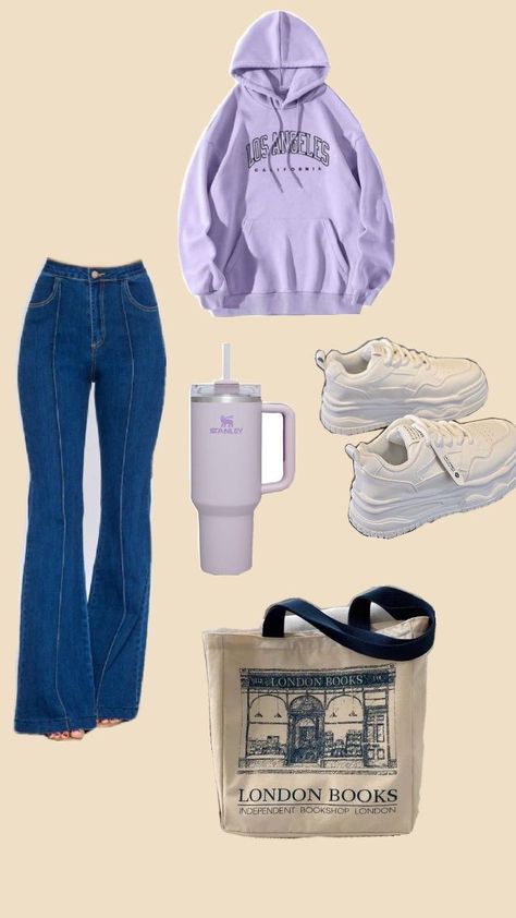 A lavender hoodie with high-waisted flared blue jeans for a trendy look, paired with white sneakers, a tote bag, and a pastel lavender tumbler. Lavender Hoodie Outfit, Lavender Tumbler, Lavender Hoodie, Pastel Lavender, High Waisted Flares, Hoodie Outfit, White Sneakers, Flare Jeans, Blue Jeans