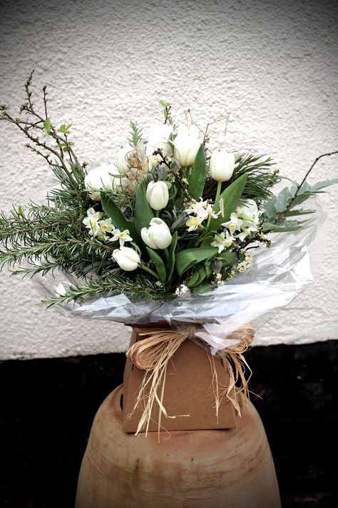 March sympathy bouquet with white tulips, fresh blossom and rosemary for remembrance. Rosemary For Remembrance, Sympathy Bouquets, White Tulips, Flower Ideas, White Bouquet, Garden Wedding, Rosemary, Bouquets, Tulips