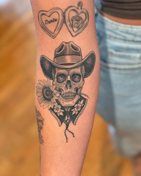 Recently healed Cowboy Skull and Sunflower Cow Hand Tattoo, Skeleton With Cowboy Hat Tattoo, Western Leg Sleeve, Skull With Cowboy Hat Tattoo, Skull Cowboy Tattoo, Skeleton Cowboy Tattoo, Cowboy Skull Tattoo, Skull And Sunflower, Chris Tattoo