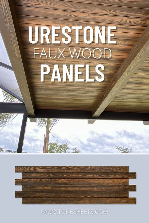 URESTONE faux wood panels upgrade the underside of a porch patio. Wood Look Cladding, Exterior Wood Cladding Ideas, Faux Wood Beams Exterior, Fake Wood Siding Exterior, Faux Wood Vinyl Siding, Wood Ceiling Porch Ideas, Faux Wood Ceiling Panels, Faux Wood Exterior Siding, Wood Ceiling Front Porch