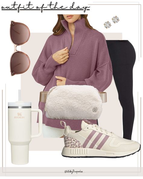 Fall Workout Outfits, Cute Gym Clothes, Casual Outfits Fall, Fall Workout, Stanley 40oz Tumbler, Fall Loungewear, Mauve Sweater, Lululemon Belt Bag, Casual Weekend Outfit