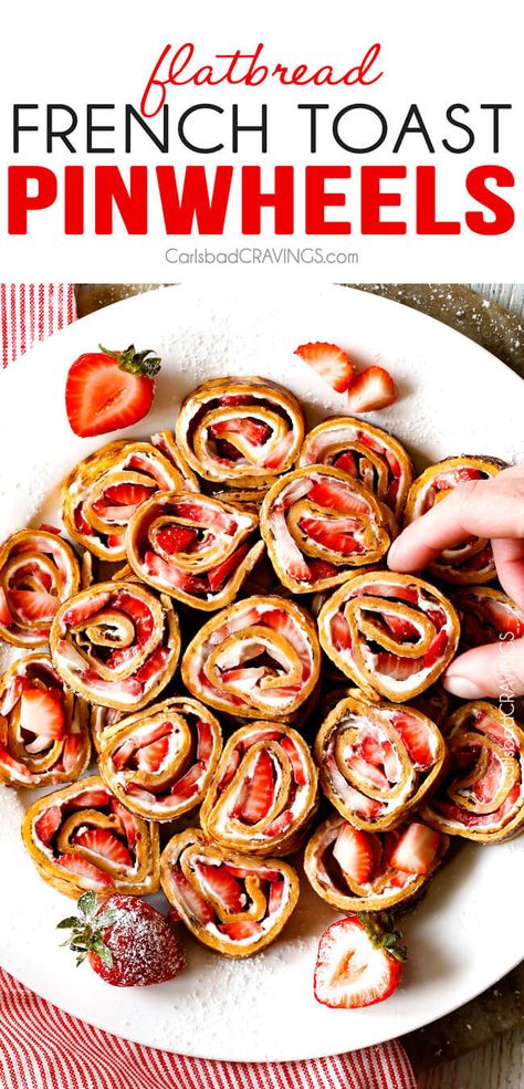 These French Toast Pinwheels are the cutest, tastiest thing ever and way easier than traditional French Toast roll ups! I made them for a brunch and everyone loved them! Toast Roll Ups, French Toast Roll Ups, French Toast Rolls, Pinwheel Appetizers, Carlsbad Cravings, French Breakfast, Strawberry Cream, Roll Ups, Brunch Party