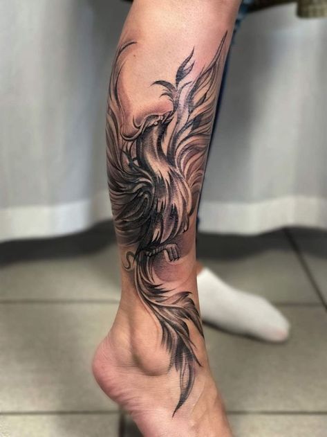 Best Pheonix Tattoo, Pheonix Tattoo Leg Sleeve, Pheonix Tattoo Forearm For Women, Phönix Tattoo Women Leg, Fire Bird Tattoo Phoenix Rising, Phoenix Calf Tattoos For Women, Half Back Piece Tattoos For Women, Phenix Tattoo Design For Women, Phoenix Tattoo On Leg