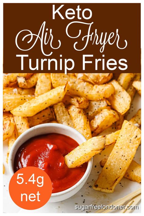 These keto air fryer turnip fries are a wonderful low carb side dish and a great keto friendly alternative to potato fries. They are deliciously spiced and have crisp caramelised edges. Carb Side Dishes, Turnip Fries, Air Fryer Recipes Keto, Low Carb Potatoes, Low Carb Side Dish, Parsnip Fries, Turnip Recipes, Low Carb Side, Keto Air Fryer