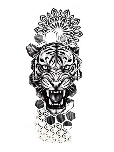 Tiger Geometric Tattoo, Tiger Mandala Tattoo, Geometric Floral Tattoo, 108 Tattoo, Chest Tattoo Drawings, Aa Tattoos, Rose Tattoo Stencil, Knee Tattoos, Atlas Tattoo