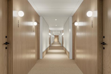 Hotel Corridor Design, Scandinavian Hotel, Office Wood, Hotel Corridor, Hotel Hallway, Corridor Design, Corridor Lighting, Hotel Door, Hospital Interior