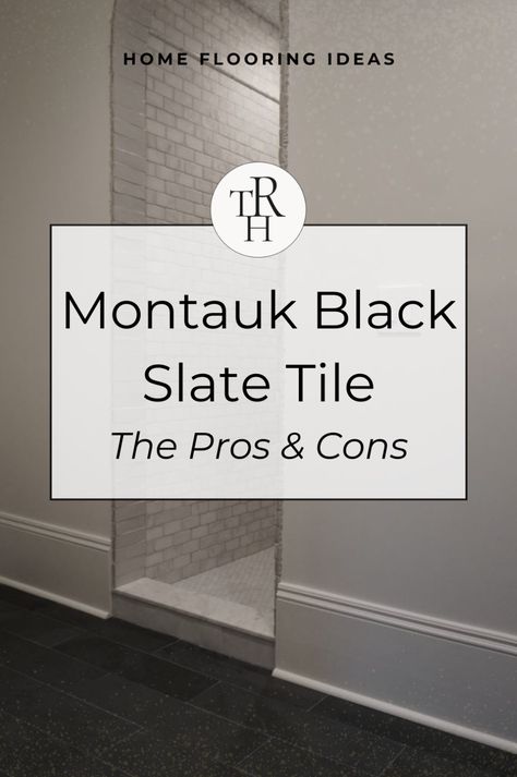 In the blog we are sharing tips for using Montauk Black Slate Tile in your home renovation.  We include the the pros and cons of Montauk Black Slate Tile and  our tips for selecting wall and floor tile, the best ways to use Montauk Black Slate Tile as well as care and installation tips.  Head to the blog for our best tips for using Montauk Black Slate Tile for in DIY Interior Home Renovation project. Dark Grey Slate Bathroom, Slate Bathroom Floor Ideas, Slate Tile Floor Bathroom, Slate Floor Bathroom, Grey Slate Bathroom, Slate Bathroom Floor, Slate Bathroom Tile, Black Tiles Kitchen, Slate Floor Kitchen