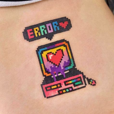 Computer Keyboard Tattoo, Retro Game Tattoo, Coding Tattoo, Retro Gaming Tattoo, Video Game Heart Tattoo, Lofi Tattoo, Traditional Video Game Tattoo, Pixel Tattoo Ideas, American Traditional Video Game Tattoo