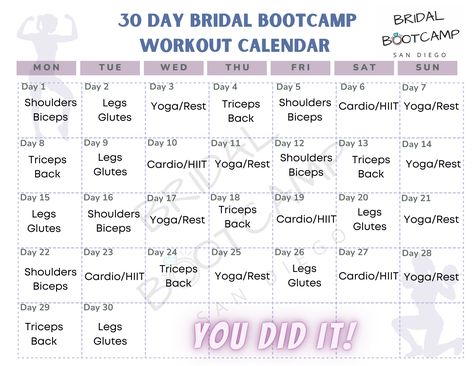 30 Day Bridal Bootcamp Workout Calendar Work Out Calendar Printable, Wedding Bootcamp, Bridal Bootcamp Workout, Exercise Calendar, Bridal Bootcamp, Bridal Workout, Bootcamp Workout, Back Workout Women, Gym Workout Plan For Women