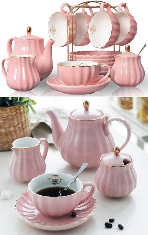 Pink Tea Tray, Porcelain Dinnerware Sets, Pink Tea Cup Aesthetic, Pink Dinnerware Set, Kawaii Tea Set, Pink Dishes Dinnerware Sets, Cute Dishes Sets, Aesthetic Tea Set, Tea Set Aesthetic