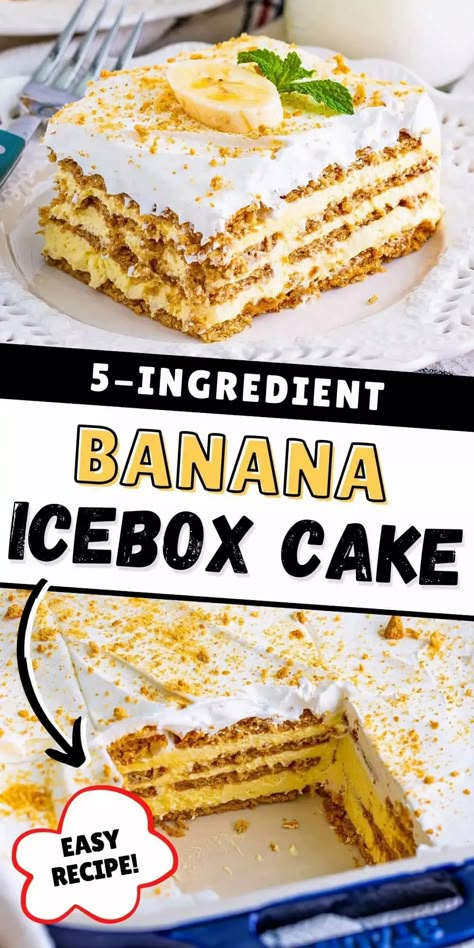 Banana Icebox Cake, Recipe With Bananas, Pudding And Cool Whip, Graham Cracker Dessert, Lemon Icebox Cake, Cracker Dessert, Banana Pudding Desserts, No Bake Banana Pudding, Icebox Cake Recipes