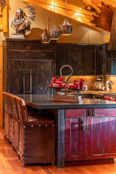 Southwestern Bedroom, Wood Walls Living Room, Leather Barstools, Rough Hewn Wood, Stone Cabin, Western Kitchen, Mountain Ranch, Cabin Exterior, Rustic Dining Room