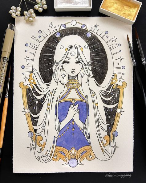 Goddess Of Love Drawing, Female Goddess Art, Celestial Sketch, Midnight Drawing, Goddess Sketch, Galaxy Things, Space Goddess, Goddess Watercolor Painting, Moon Goddess Coloring Pages