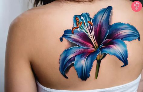 Top 8 Beautiful Stargazer Lily Tattoo Ideas And Designs Stargaze Lily Tattoo, Lily Chest Tattoo, Star Gazer Lilly Tattoos, Blue Lily Tattoo, Lily Tattoos For Women, Tulip Flower Tattoo, Water Lily Tattoo Design, Exotic Flower Tattoos, Blue Flower Tattoo