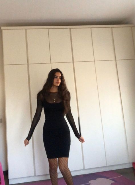 Black Dress With Fishnets, Dress With Fishnets, Black Dress Fit, Dress Pic, Neck Dress, High Neck Dress, Bodycon Dress, Black Dress, Outfit Inspo