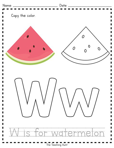 W is for Watermelon: Paper Pasting Activity - The Teaching Aunt Watermelon Worksheet, W Activities For Preschool, Letter W Activities For Preschool, Letter W Worksheet, W Is For Watermelon, Letter W Activities, Preschool Apple Activities, Letter Worksheets For Preschool, Preschool Letter