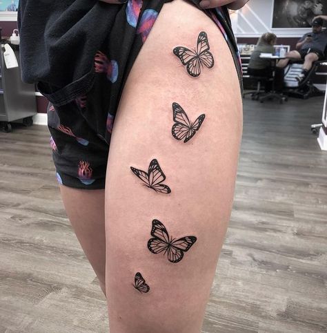 Flying Onwards Butterflies Tattoo for Thigh Butterfly Tattoo Going Up Leg, Butterflies Leg Tattoo, Butterfly Leg Tattoo, Butterfly Leg Tattoos, Thigh Band Tattoo, Butterfly Thigh Tattoo, Butterfly Tattoo Stencil, Cute Thigh Tattoos, Flying Tattoo