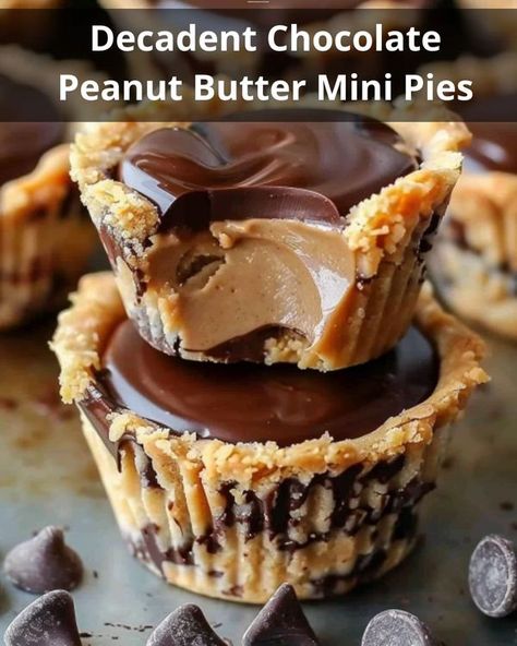 Recipes Vista | Decadent Chocolate Peanut Butter Mini Pies | Facebook Mini Desserts Shooters Recipes, Mini Pies Easy, Bite Size Pies, Dessert Shooters Recipes, Joshua Weissman, Mini Pie Recipes, Cookie Cups Recipe, Chocolate Peanut Butter Pie, Homemade Recipes Dessert