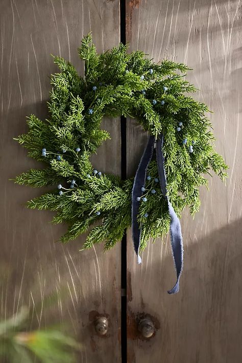 Shop: Christmas Trees, Trim the Tree, Ornaments, and Decorate | Terrain Live Winter Wreath, Real Greenery Wreath, Moody Blue Christmas Decor, Fall Winter Wreath, Juniper Berry Wreath, All Year Wreath Front Doors, Modern Xmas Wreaths For Front Door, Studio Mcgee Wreath, Christmas Stoop Decor